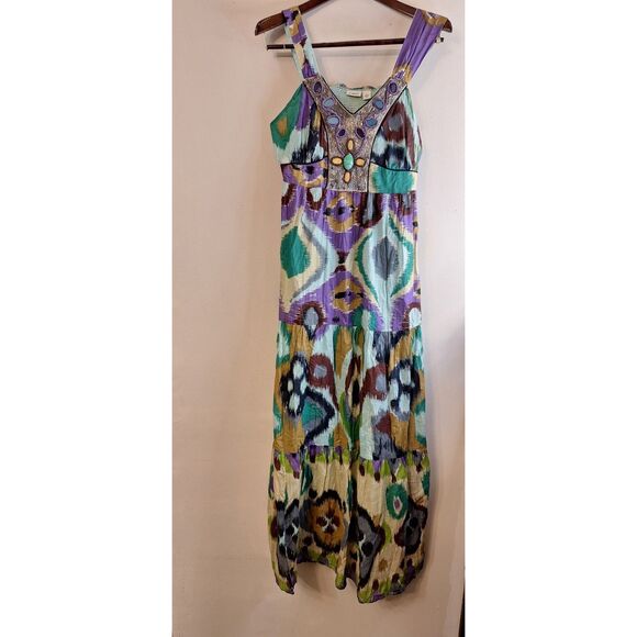 CATO GEO PRINT BEADED FAIRY SUMMER OUTDOORS VACATION RESORT MAXI DRES SIZE 8 - Picture 1 of 8